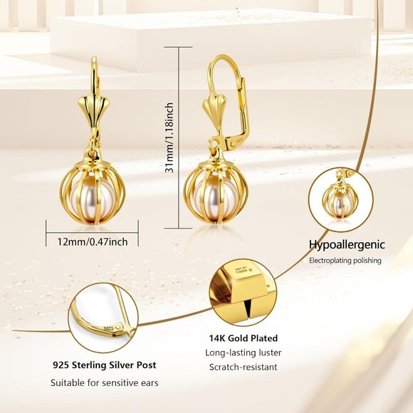 925 Sterling Silver Pearl Drop Earrings for Women Gold Plated Gift Leverback - Picture 3 of 7